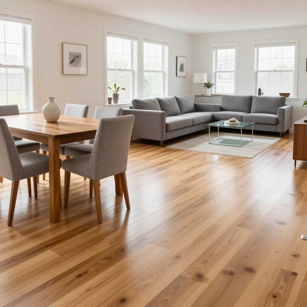 Bright modern living room with gray sectional sofa, wooden dining table, and sunlit hardwood floors