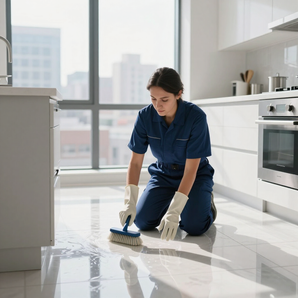 Person kneeling and scrubbing a bright kitchen floor with a brush and gloves