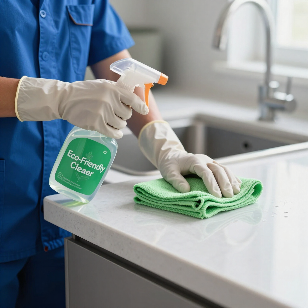 Gloved cleaner spraying eco-friendly cleaner on a kitchen countertop and wiping with a green cloth