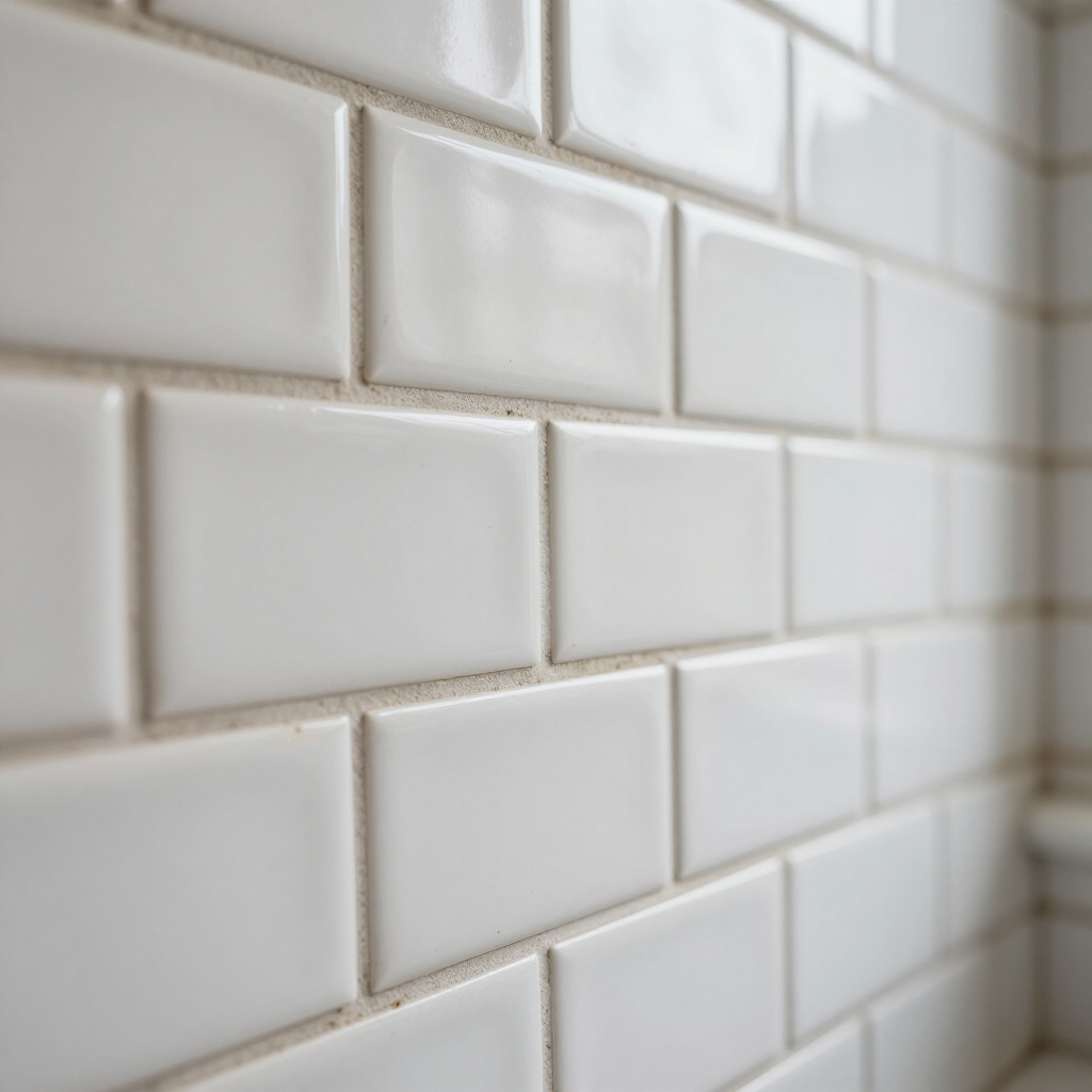 Close-up of glossy white subway tiles on a wall