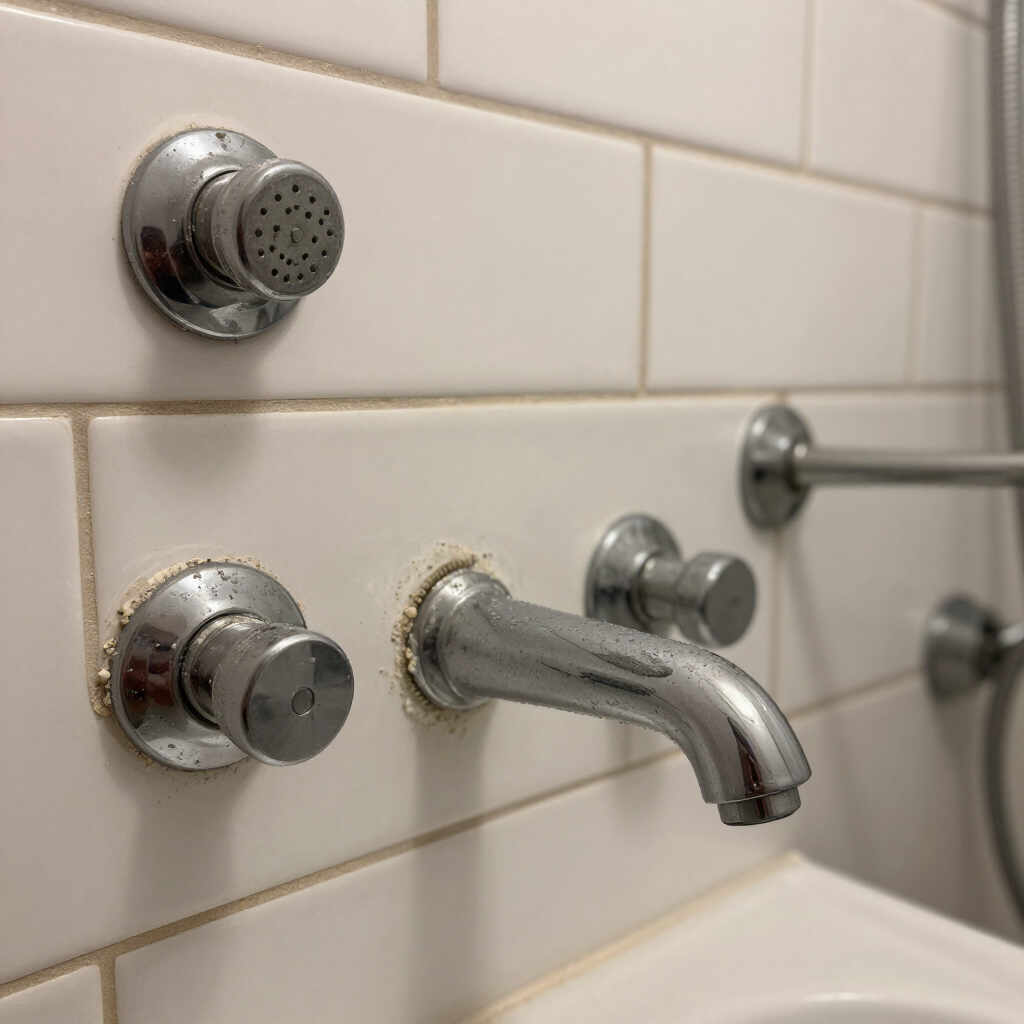 Chrome bathtub faucet and shower controls against white tiled bathroom wall.