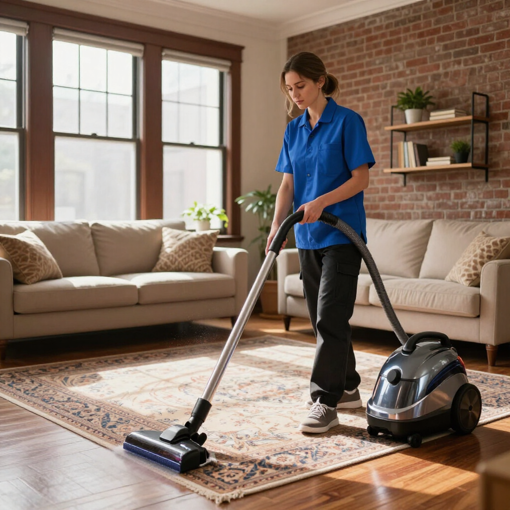 Person vacuuming a patterned rug in a sunlit living room with beige sofas and brick wall.