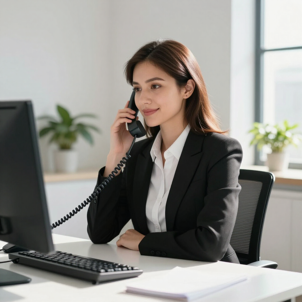 Office worker in a black suit speaking on a desk phone at a computer desk