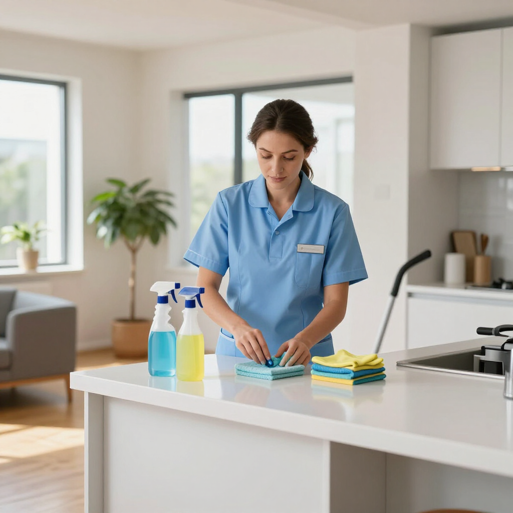 Cleaner in blue uniform wiping a kitchen counter with spray bottles and folded cloths in a bright home.