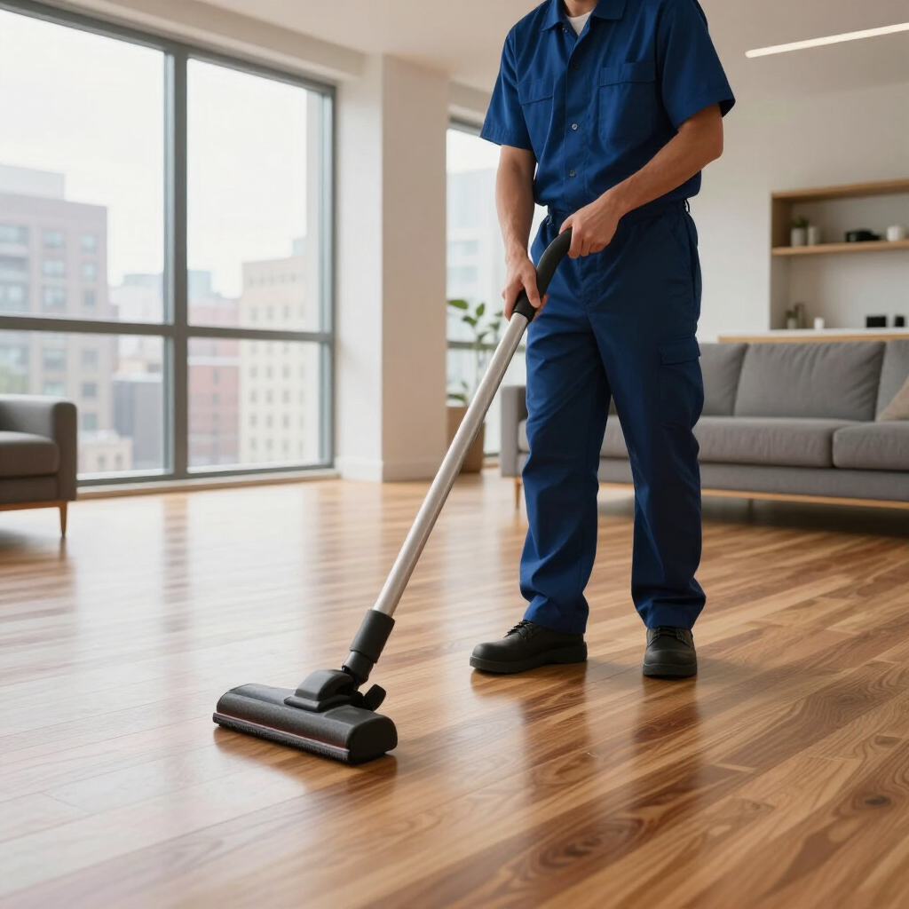 Worker vacuuming a shiny wooden floor in a bright apartment living room