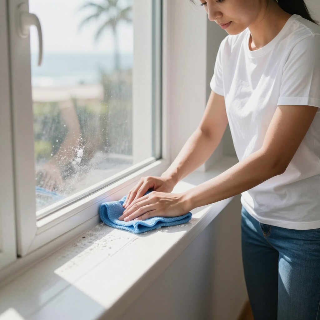 Person wiping a sunlit windowsill with a blue cloth