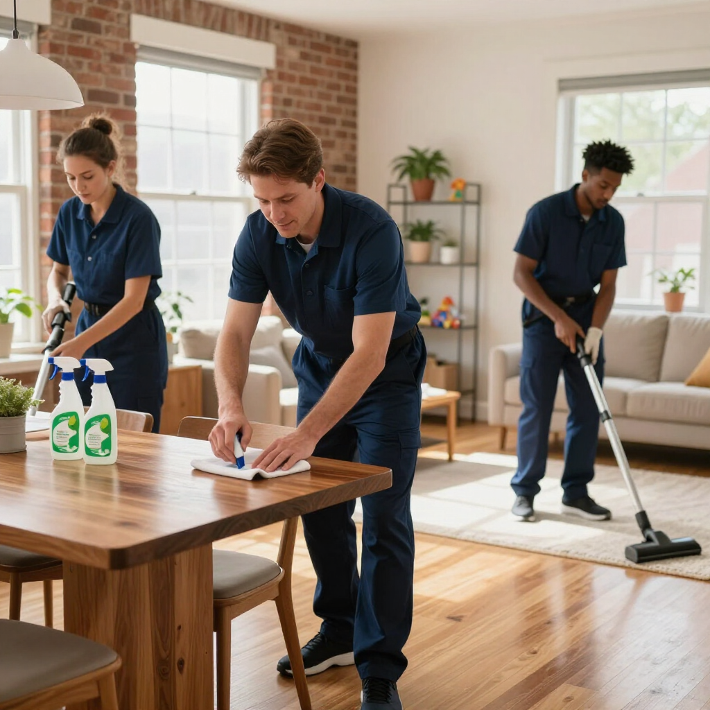 Three cleaners mopping and wiping a bright living room and dining area