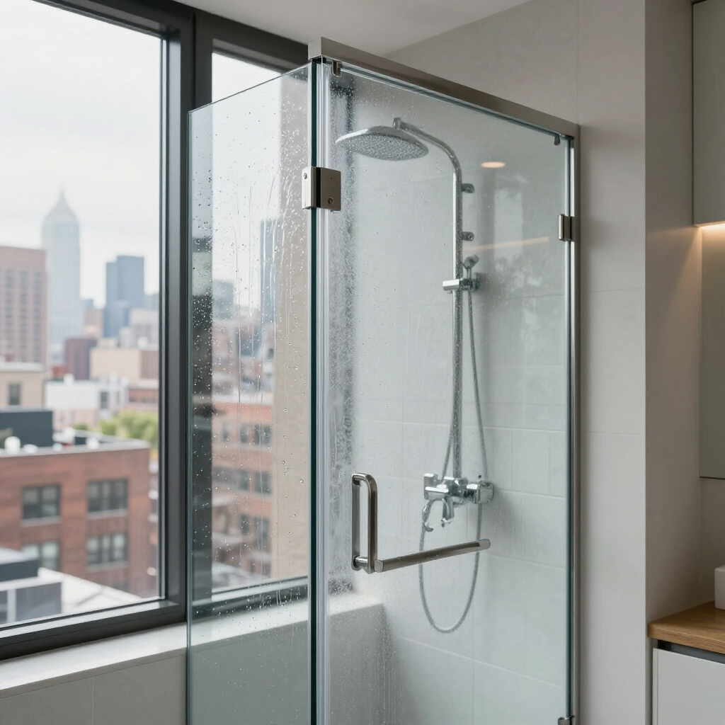 Modern glass shower enclosure beside a window with a city view, in a bright bathroom