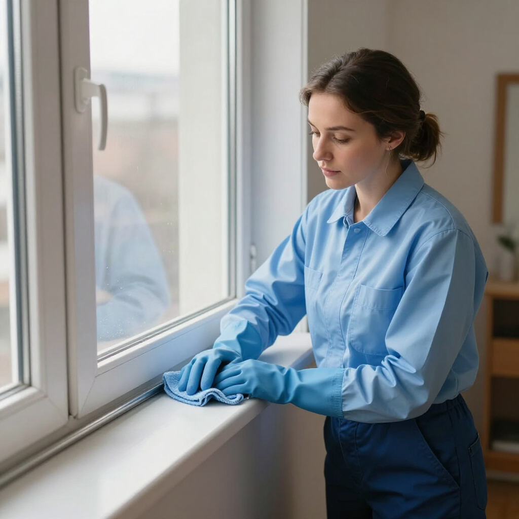 Woman in a blue shirt cleaning a windowsill with a cloth beside a bright window