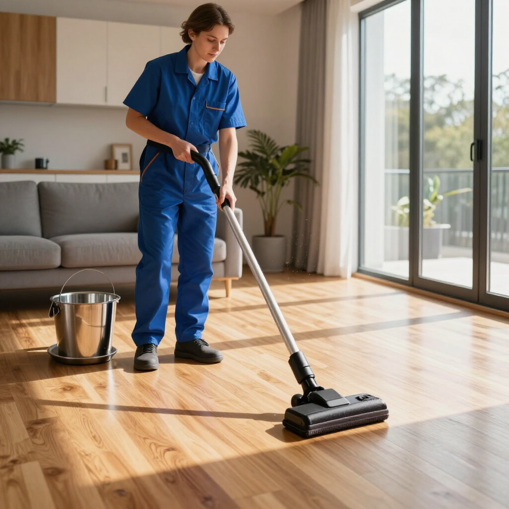 Person mopping a hardwood floor in a sunlit living room beside a bucket and couch