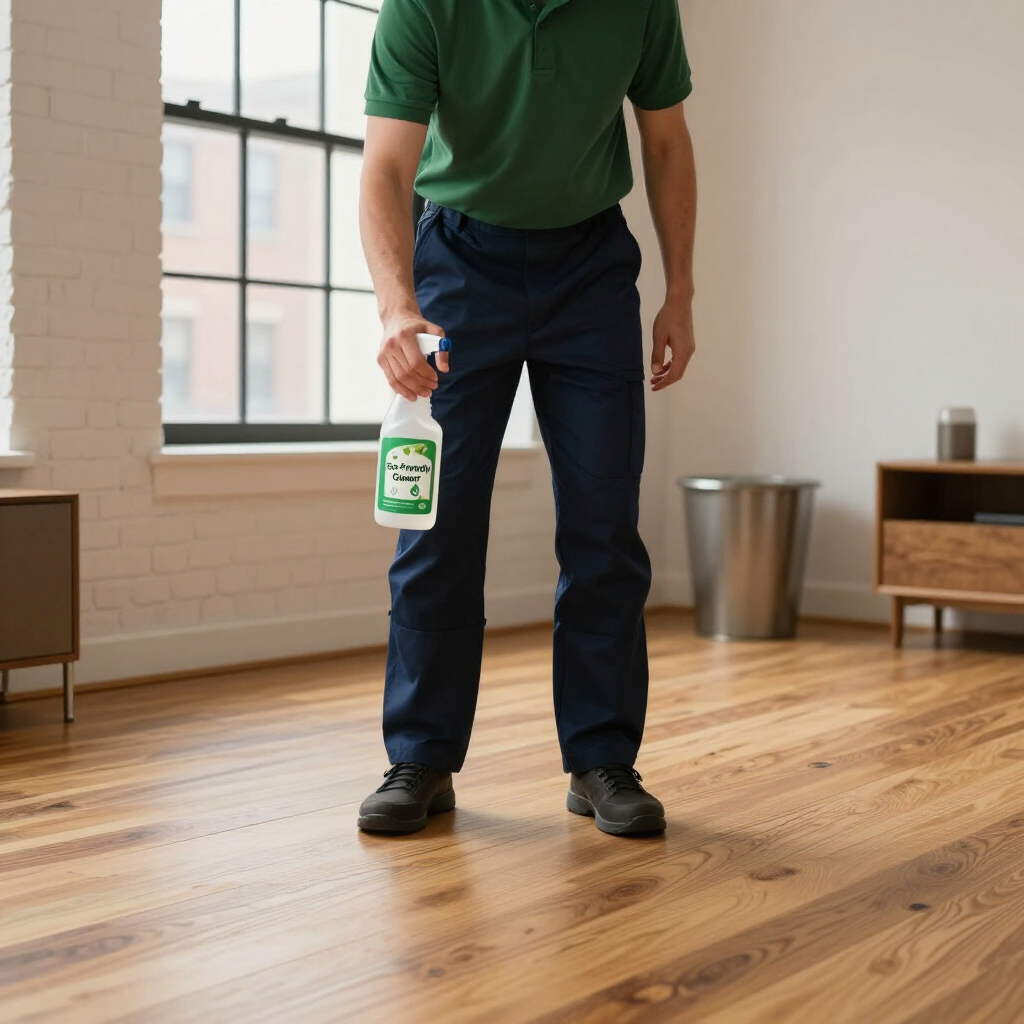 Person holding a spray cleaner in a sunlit room with wood floors