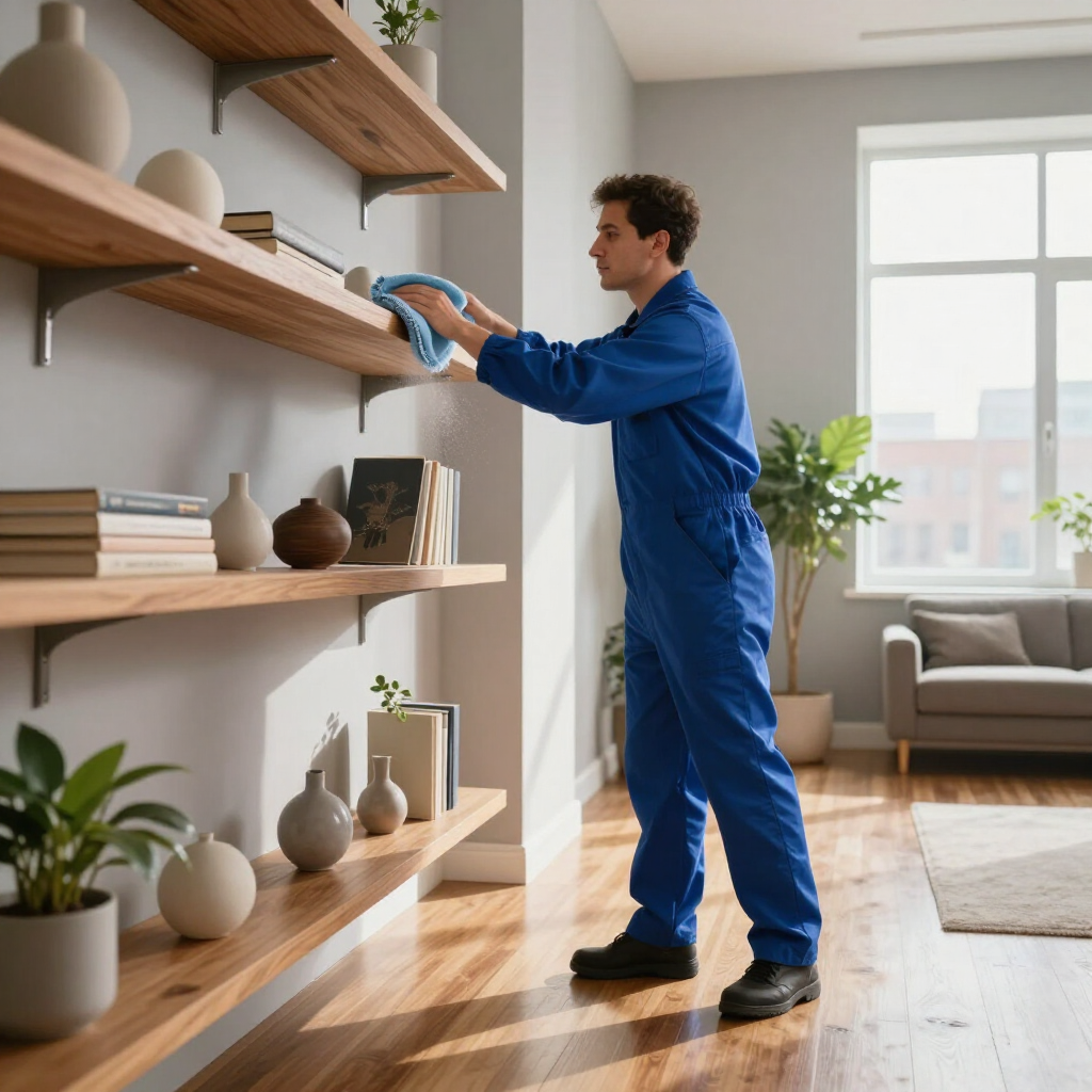 Person dusting wooden shelves in a bright living room.