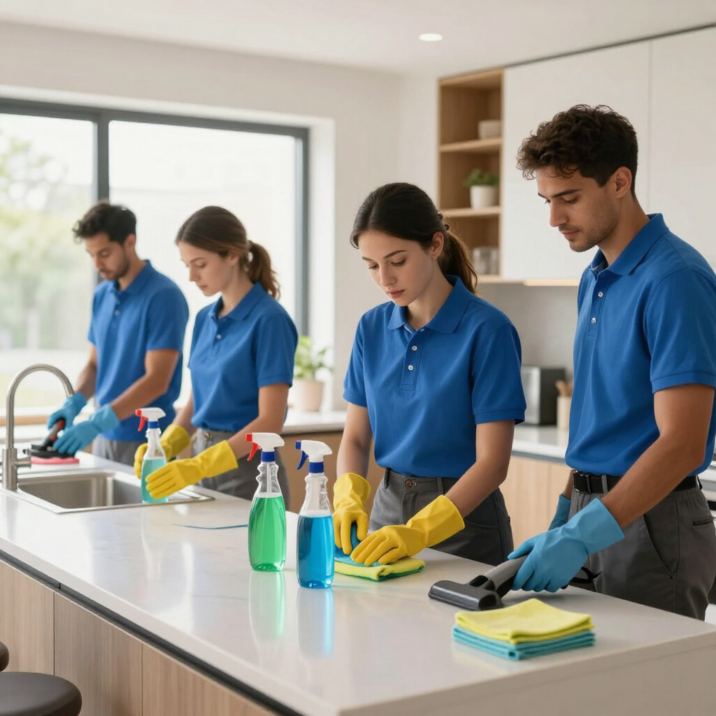 Four cleaners in blue shirts wiping and spraying a bright kitchen counter with cleaning supplies