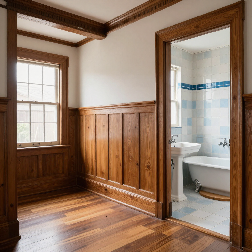 Wood-paneled hallway with window and open doorway to a small tiled bathroom with sink and tub.