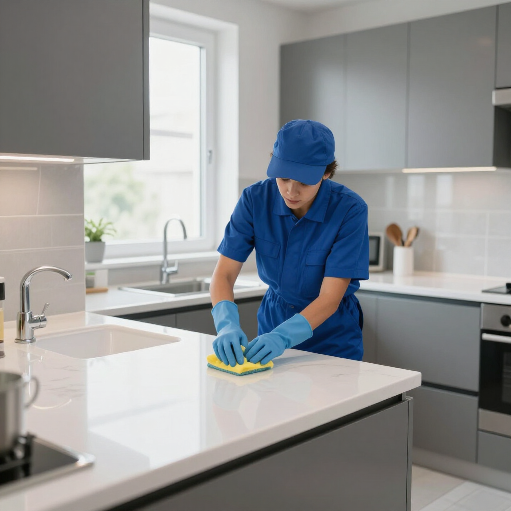 Person in blue uniform cleaning a white kitchen countertop with a yellow sponge