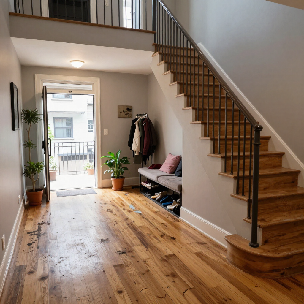 Bright entry hallway with wooden staircase, bench, coat rack, plants, and open front door