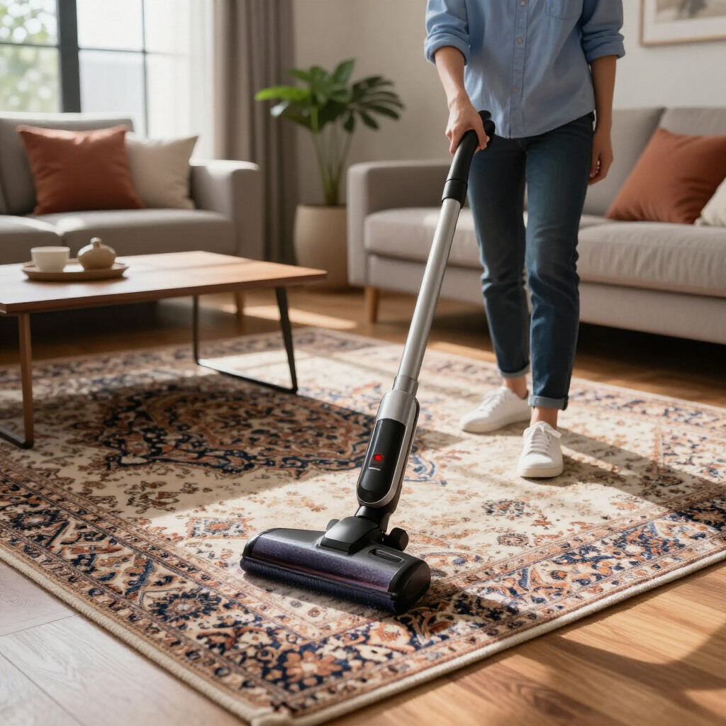 Person vacuuming a patterned rug in a bright living room with a sofa and coffee table