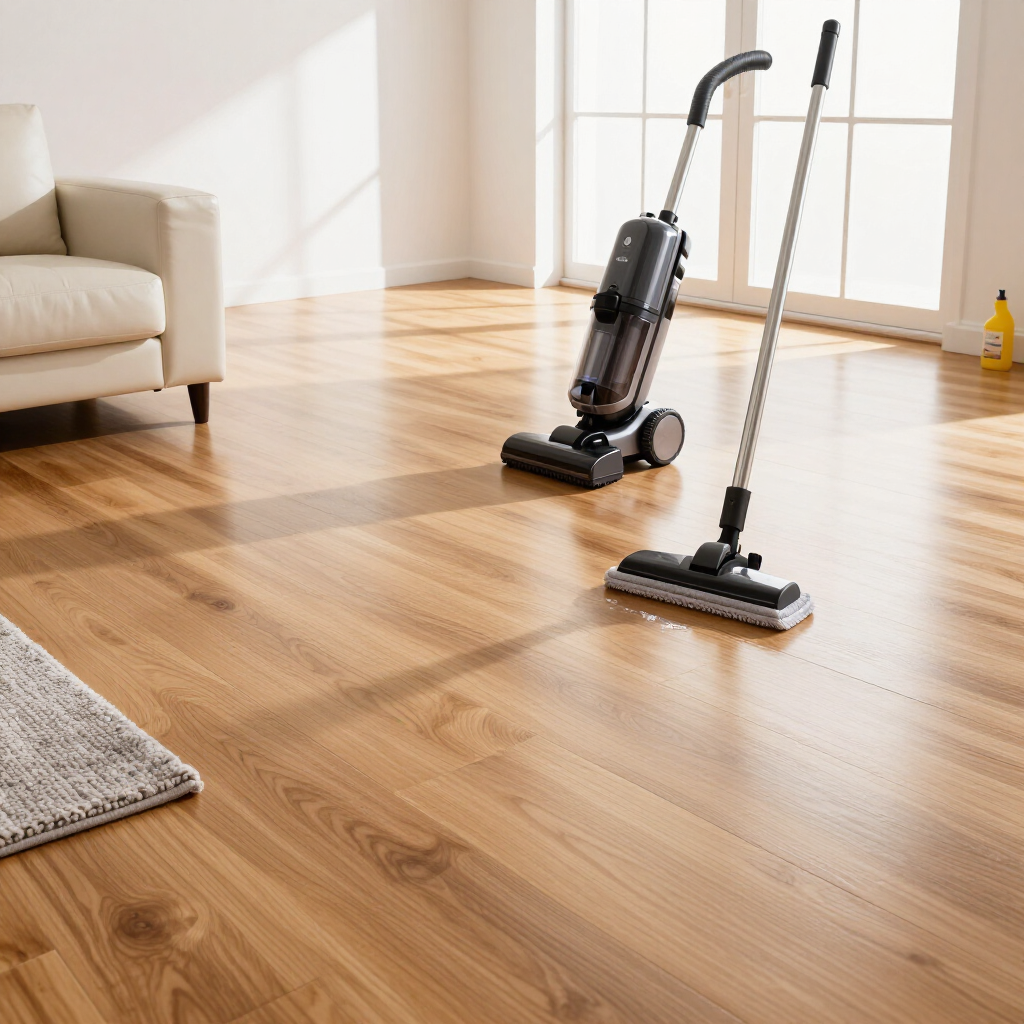 Two upright vacuum cleaners on a sunlit hardwood floor in a bright living room
