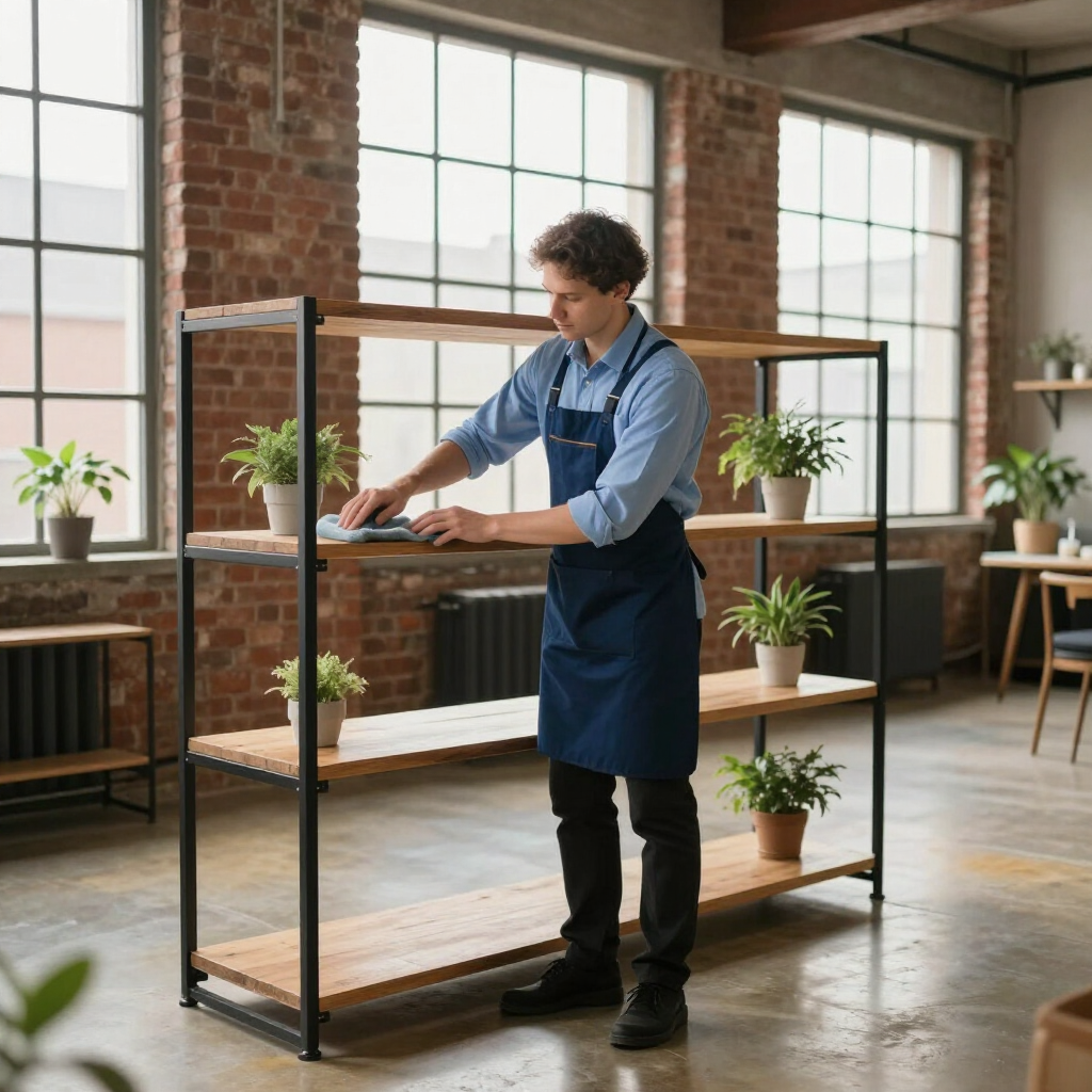 Man arranging plants on a wooden shelving unit in a bright loft studio