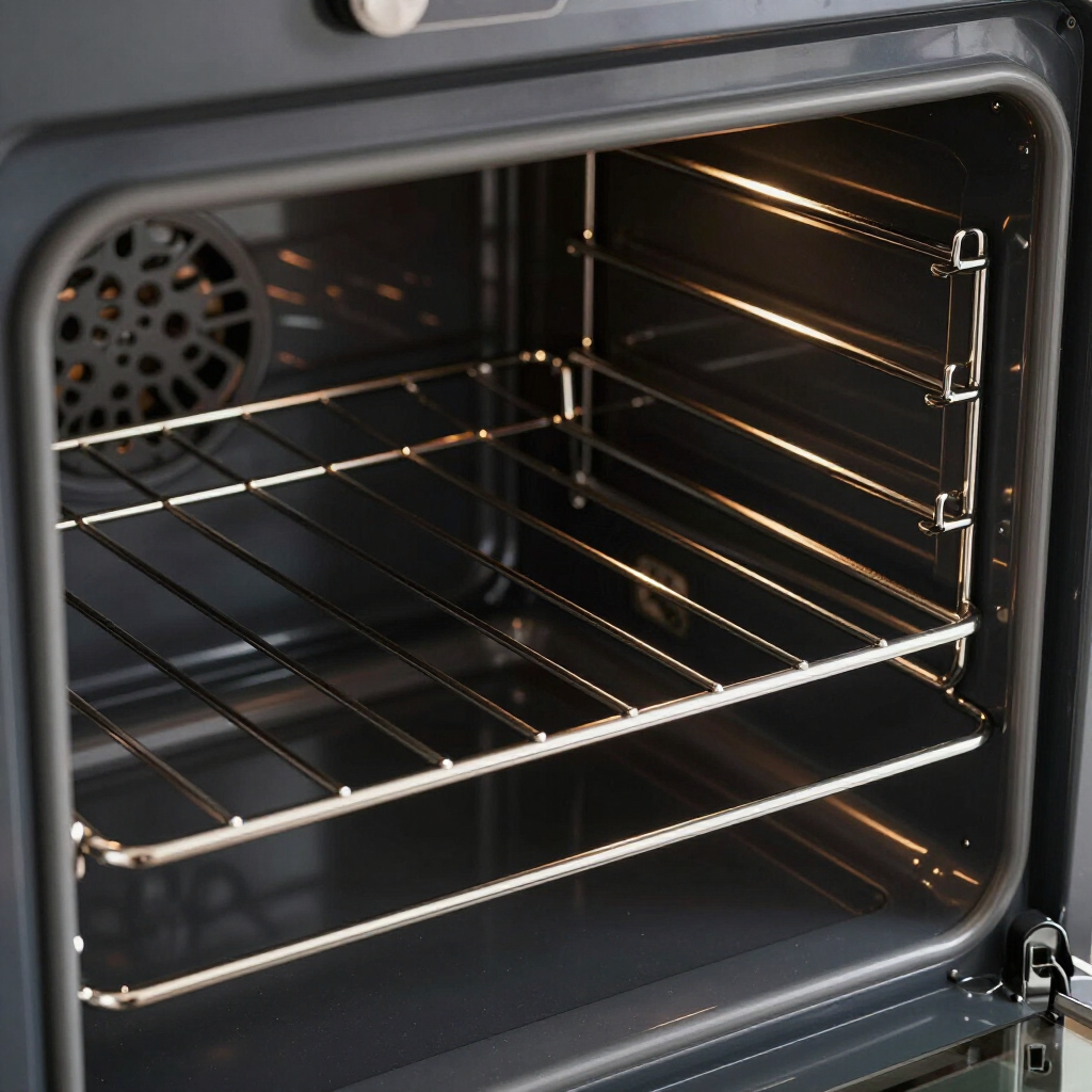 Open oven interior with metal racks and a fan at the back