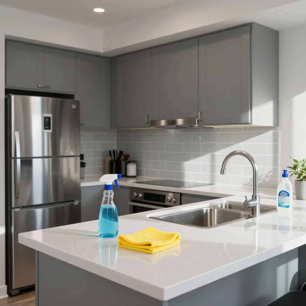 Modern gray kitchen with stainless fridge, white island, sink, and blue cleaner bottle on the counter