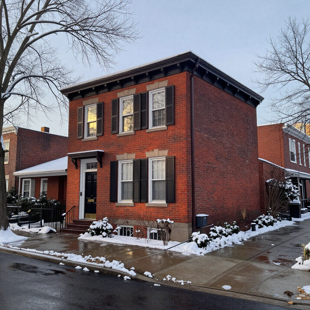 Brick two-story house on a snowy corner lot with bare trees and wet sidewalks at dusk
