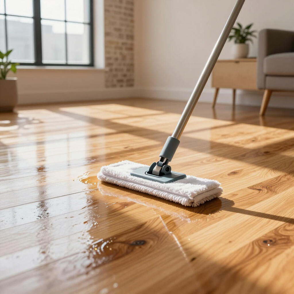 Mop cleaning a wet hardwood floor in a bright living room with sunlight and a potted plant