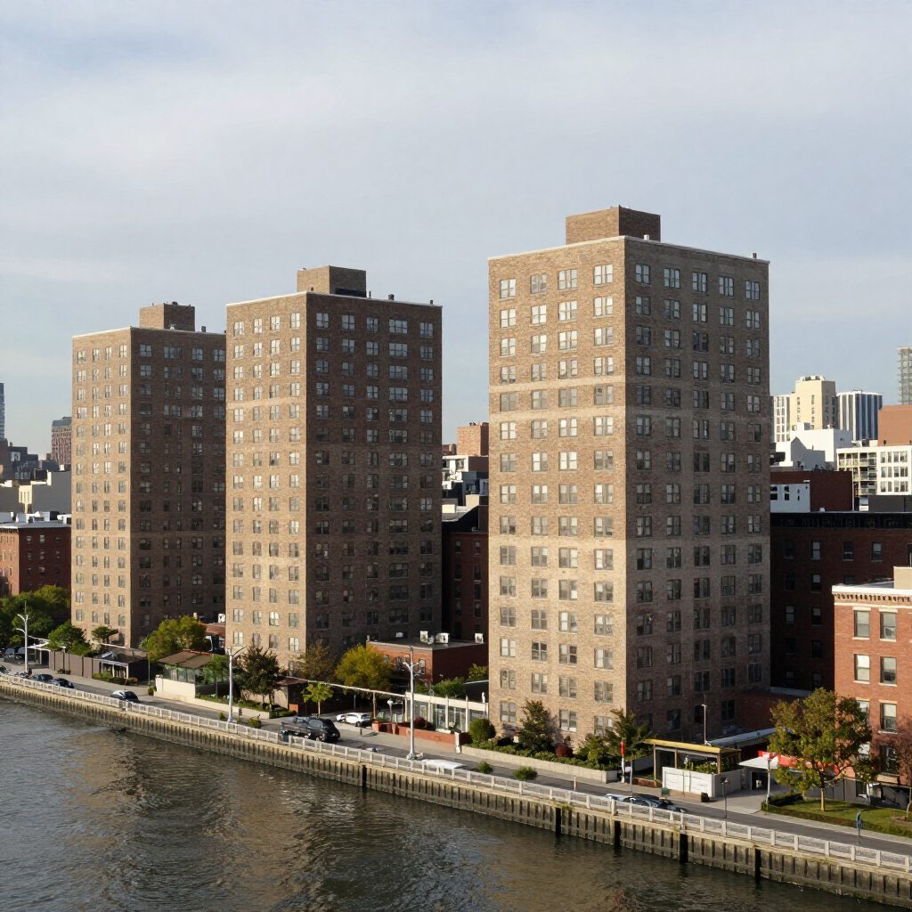 Waterfront high-rise apartment buildings beside a river on a clear day.