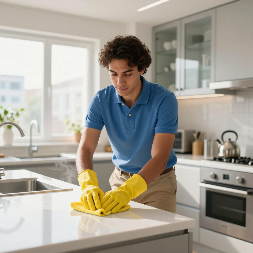 Man in blue shirt cleaning a white kitchen countertop with yellow gloves