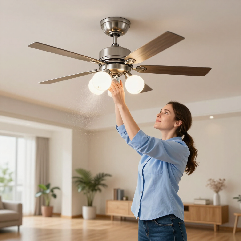 Woman replacing a ceiling fan light bulb in a bright living room