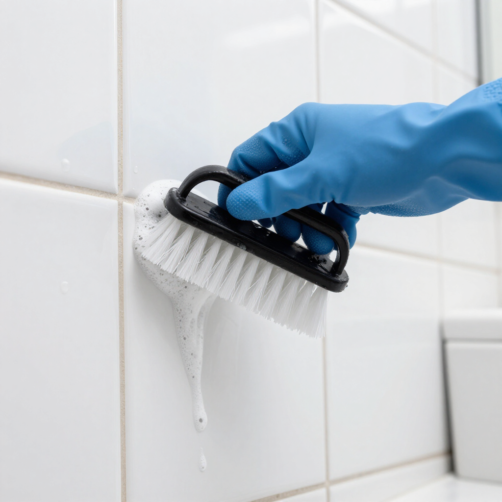 Blue-gloved hand scrubbing white bathroom tiles with a cleaning brush and suds