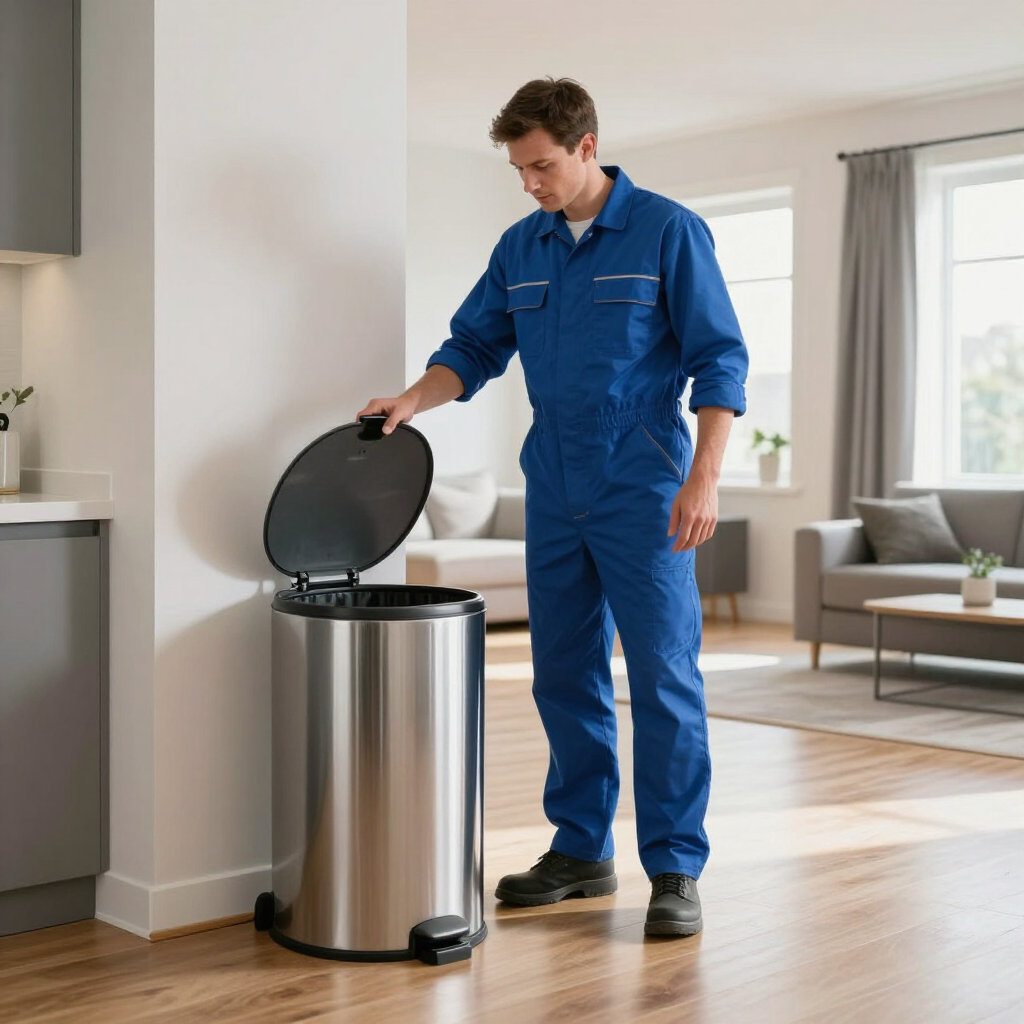 Technician in blue uniform opening a stainless steel trash can in a bright living room