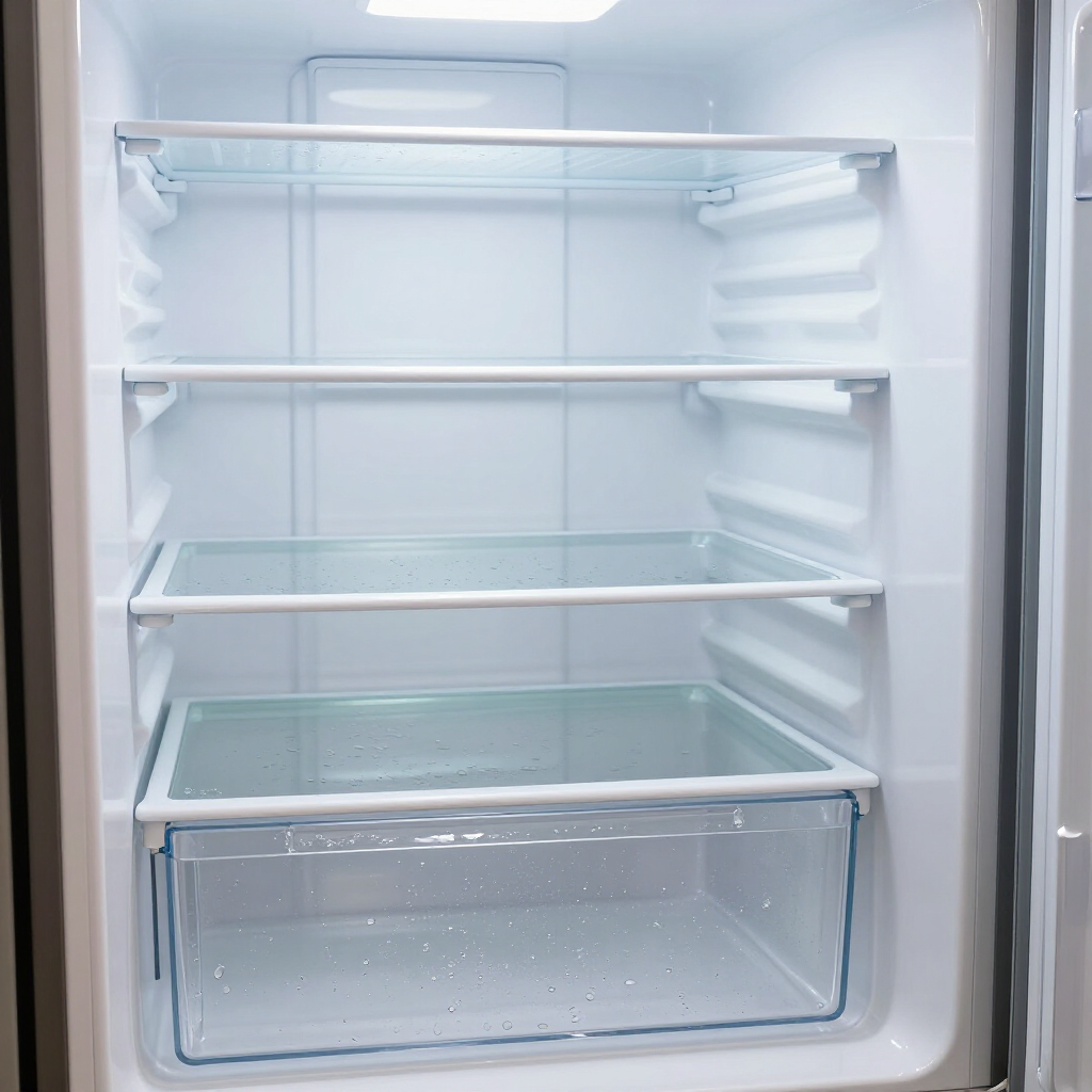 Empty white refrigerator interior with glass shelves and a clear crisper drawer