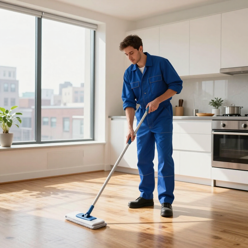 Person mopping a bright kitchen floor with large windows and white cabinets