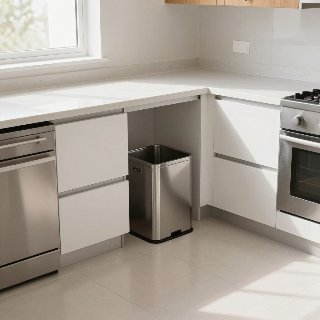 Modern white kitchen with stainless steel appliances and a small trash bin by the cabinets