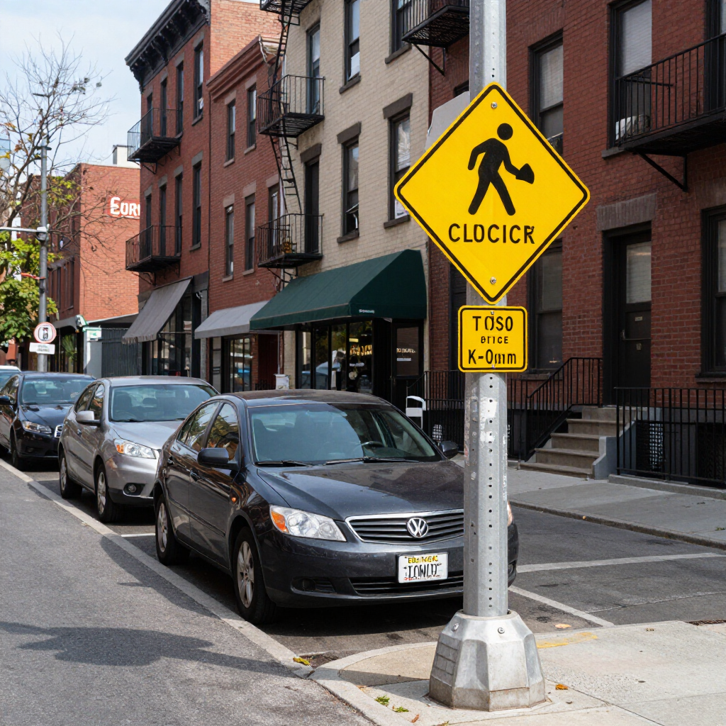 Pedestrian crossing sign on a city sidewalk beside parked cars and brick buildings