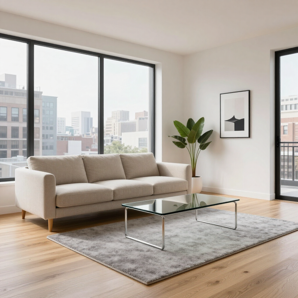 Bright modern living room with beige sofa, glass coffee table, gray rug, and large windows overlooking city buildings