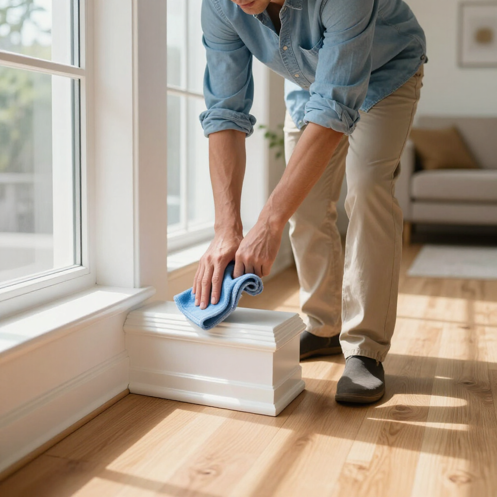 Person wiping a white baseboard near a window with a blue cloth in a sunlit room