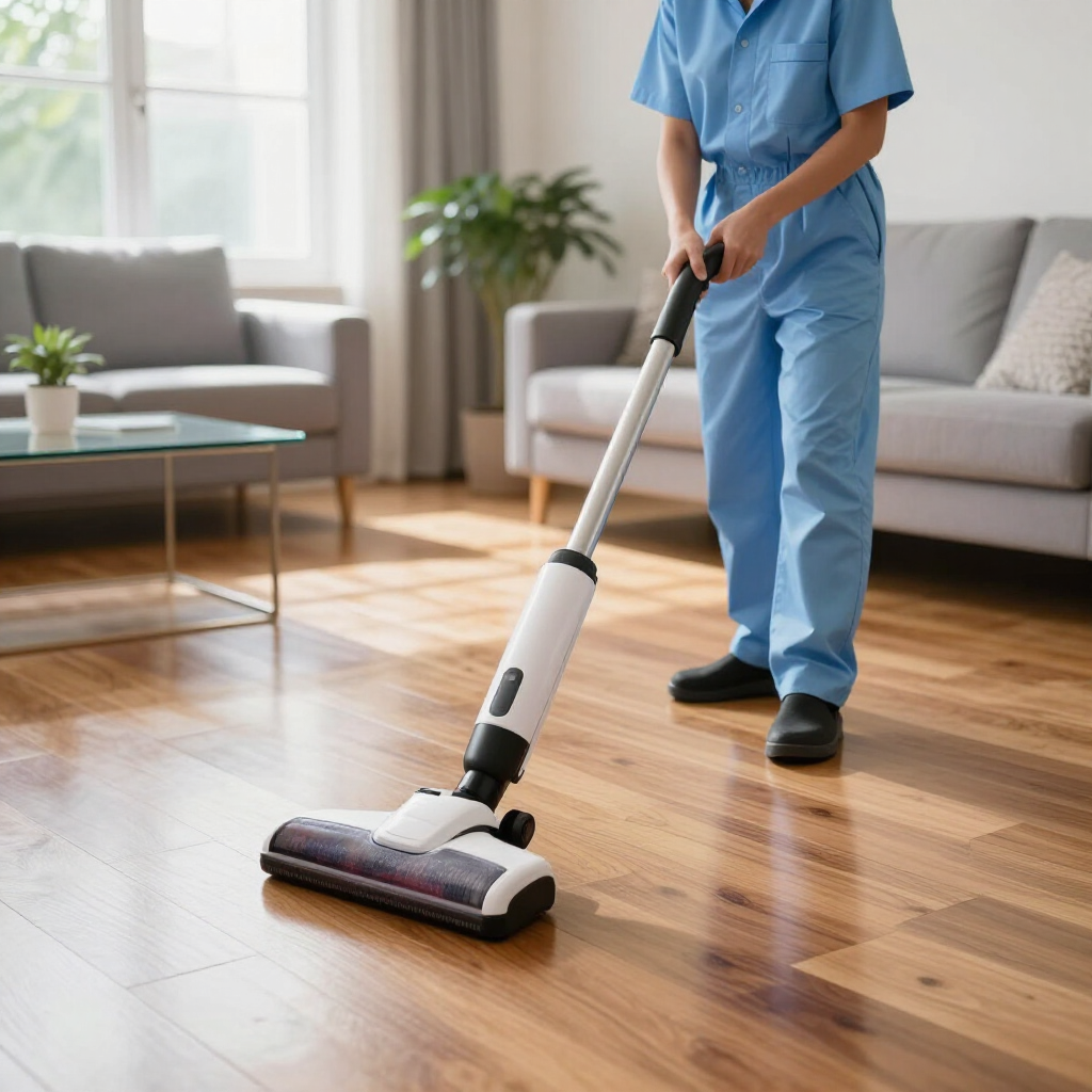 Person in blue uniform vacuuming a hardwood floor in a bright living room