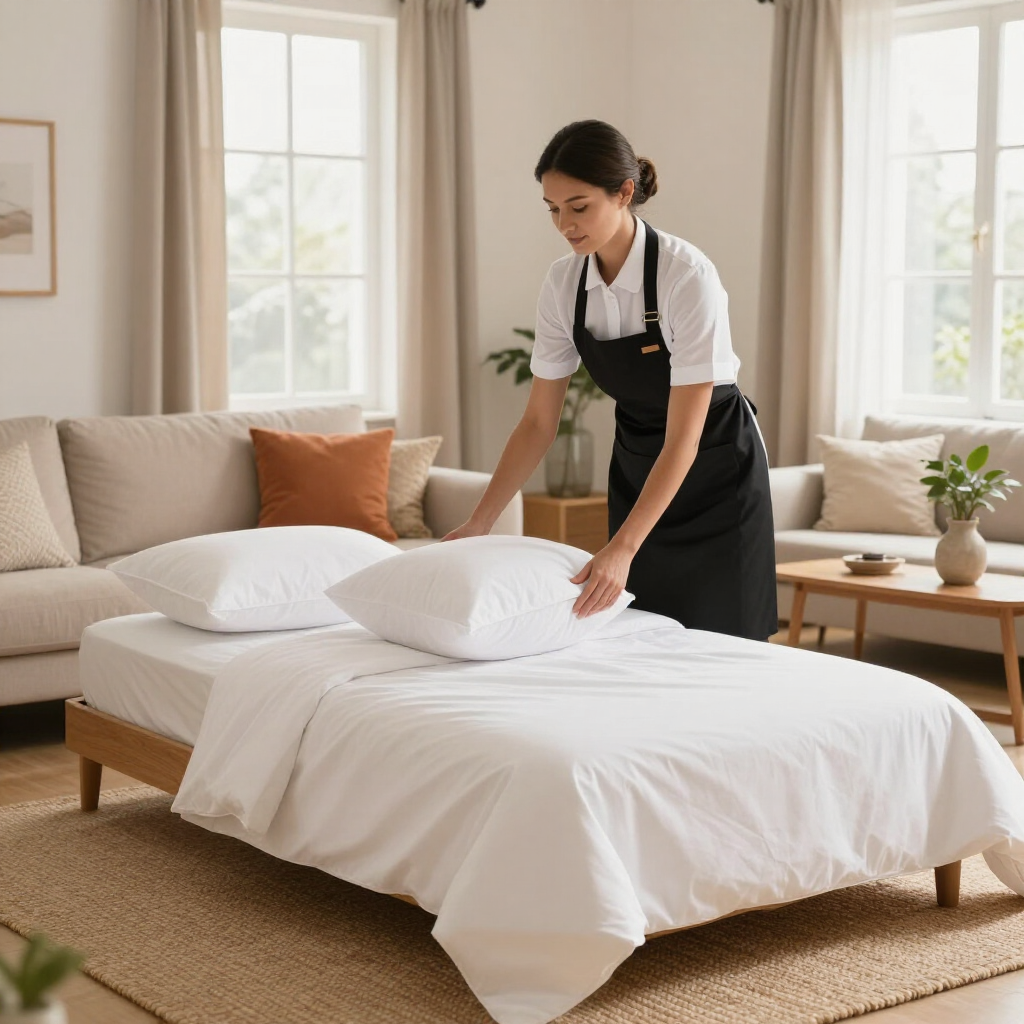 Housekeeper making a bed with white linens in a bright living room