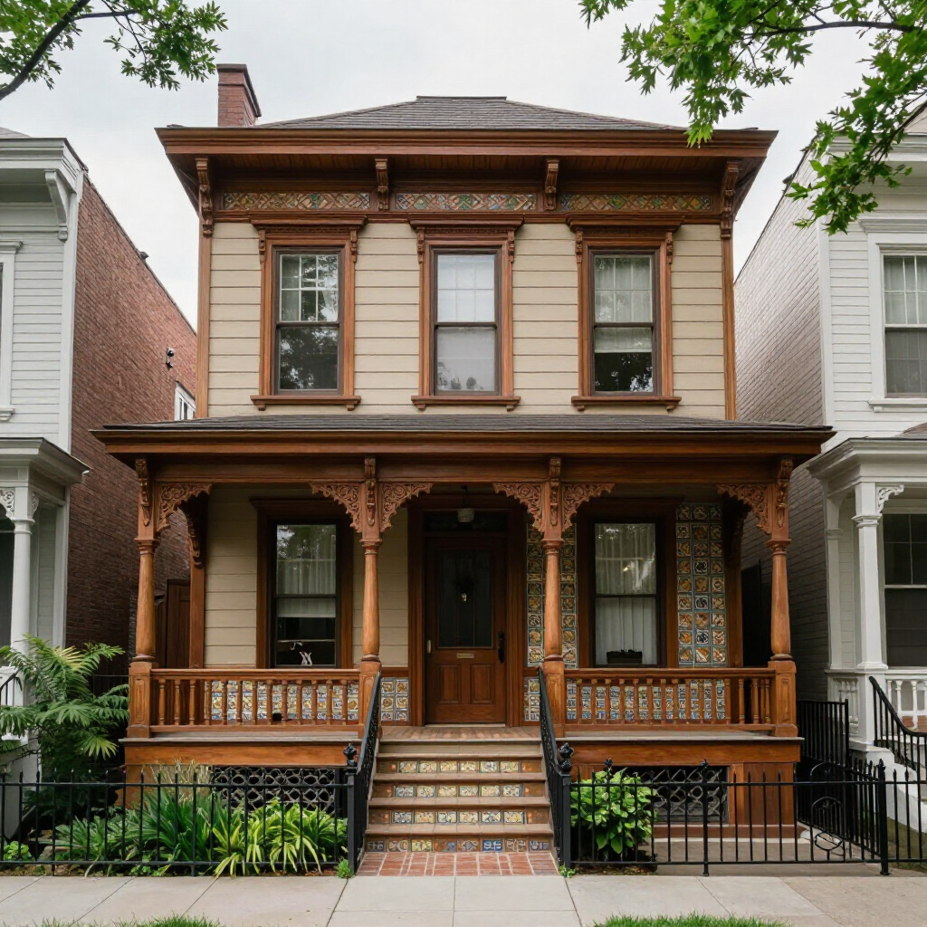 Victorian-style two-story house with a brown wooden facade and ornate front porch