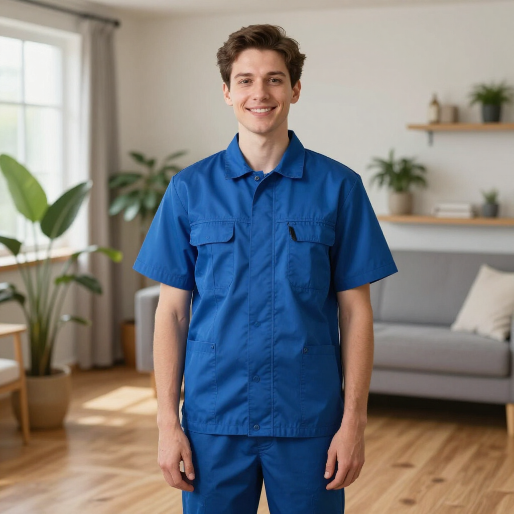 Smiling person in a blue work shirt standing in a bright living room