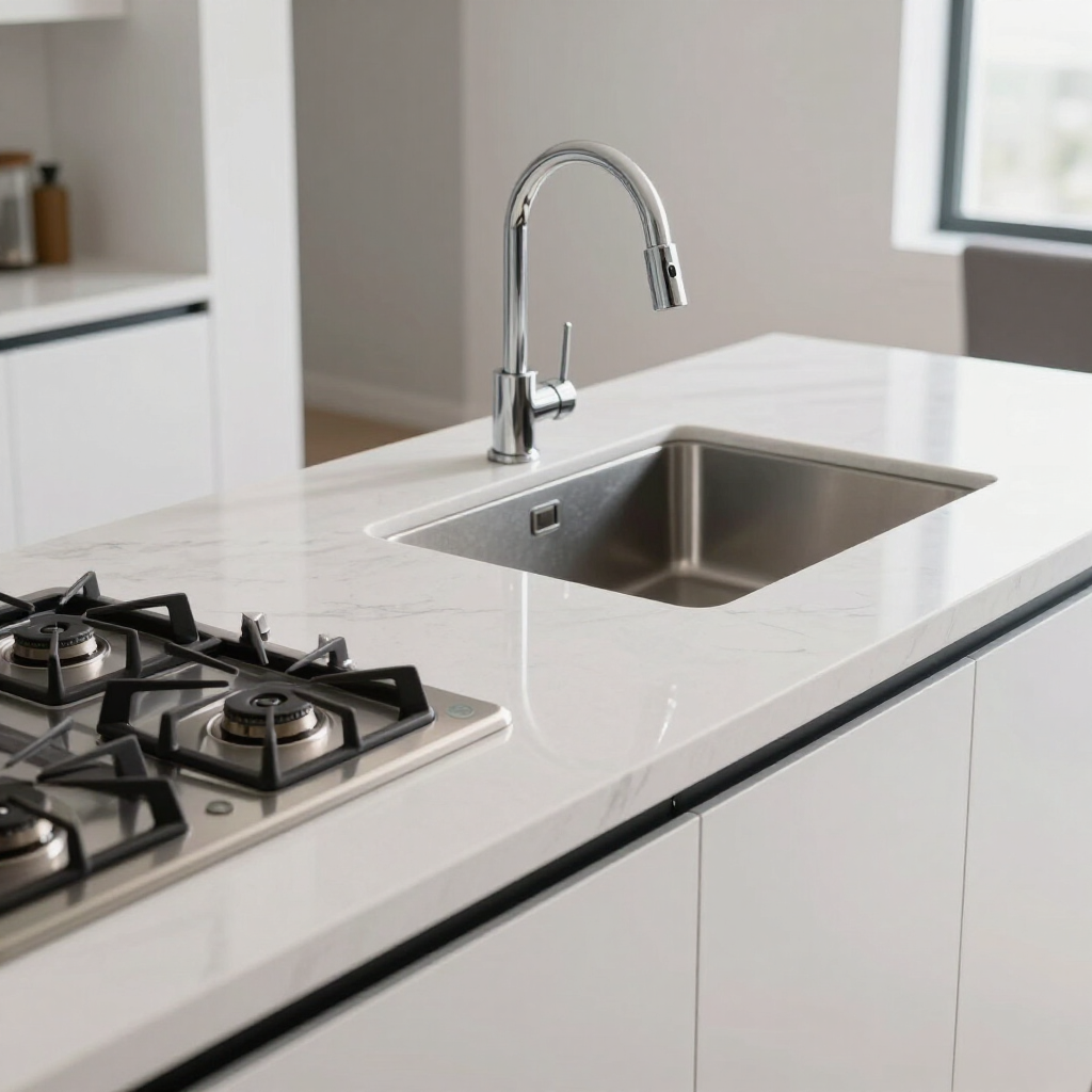 Modern kitchen countertop with stainless steel sink and chrome faucet beside a gas cooktop
