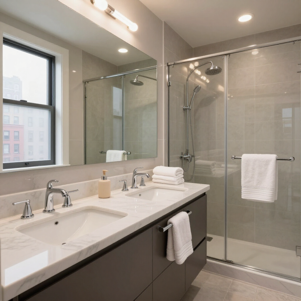 Modern bathroom with double sink vanity, large mirror, glass shower, and white towels