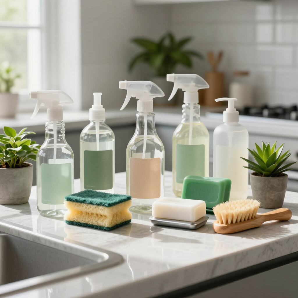 Cleaning supplies and sponges arranged on a kitchen countertop with potted succulents and a sink