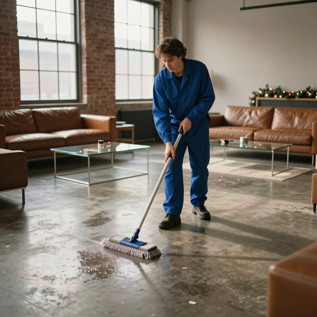 Person mopping a wet office lobby with brick walls and leather sofas