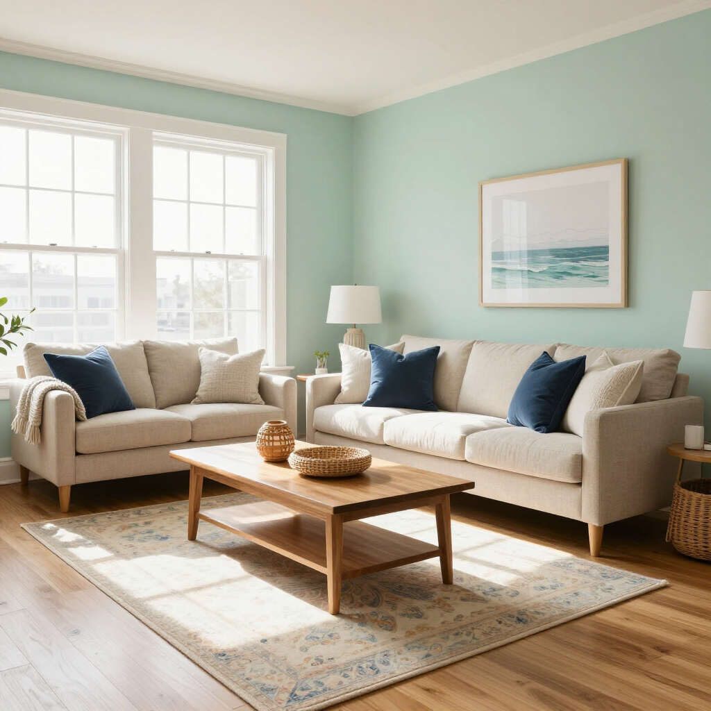 Bright living room with beige sofas, blue pillows, wooden coffee table, and mint walls by large windows