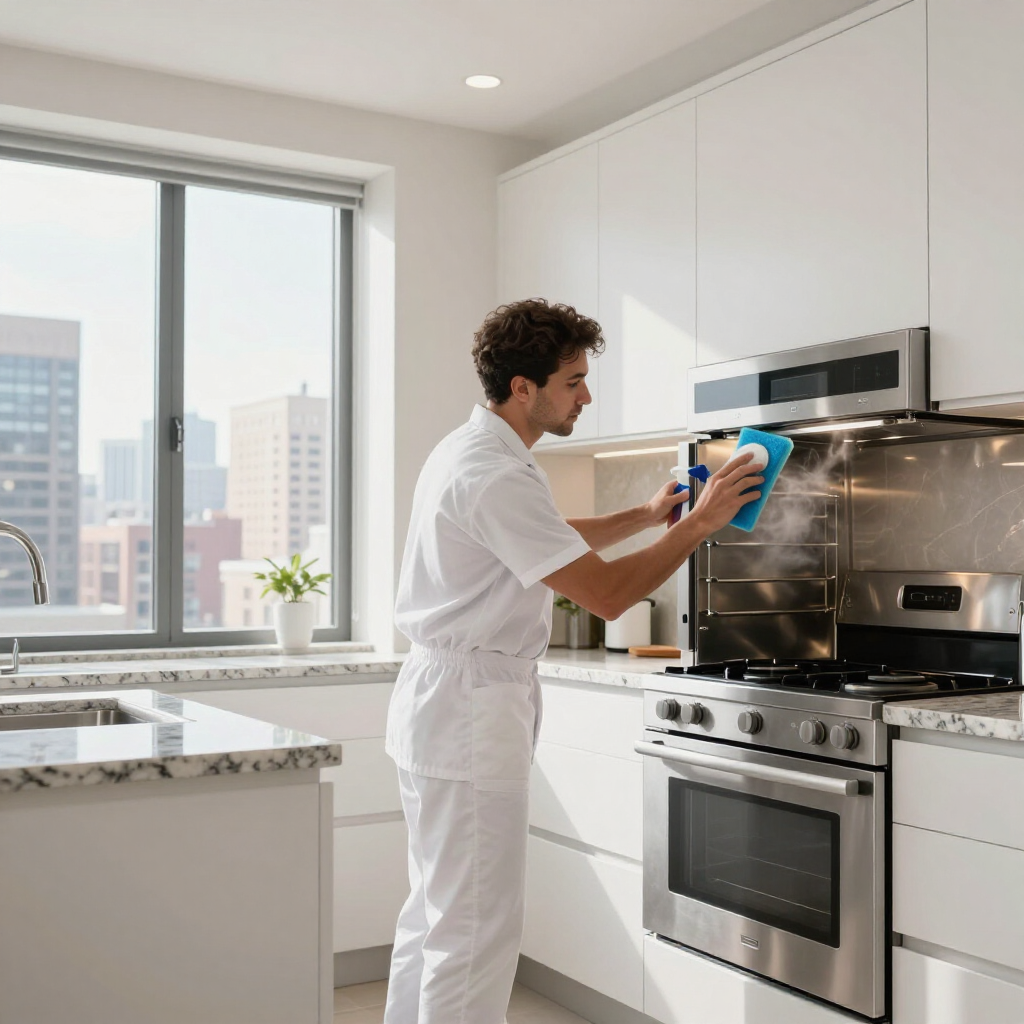 Person wiping a stainless steel stove in a bright modern kitchen