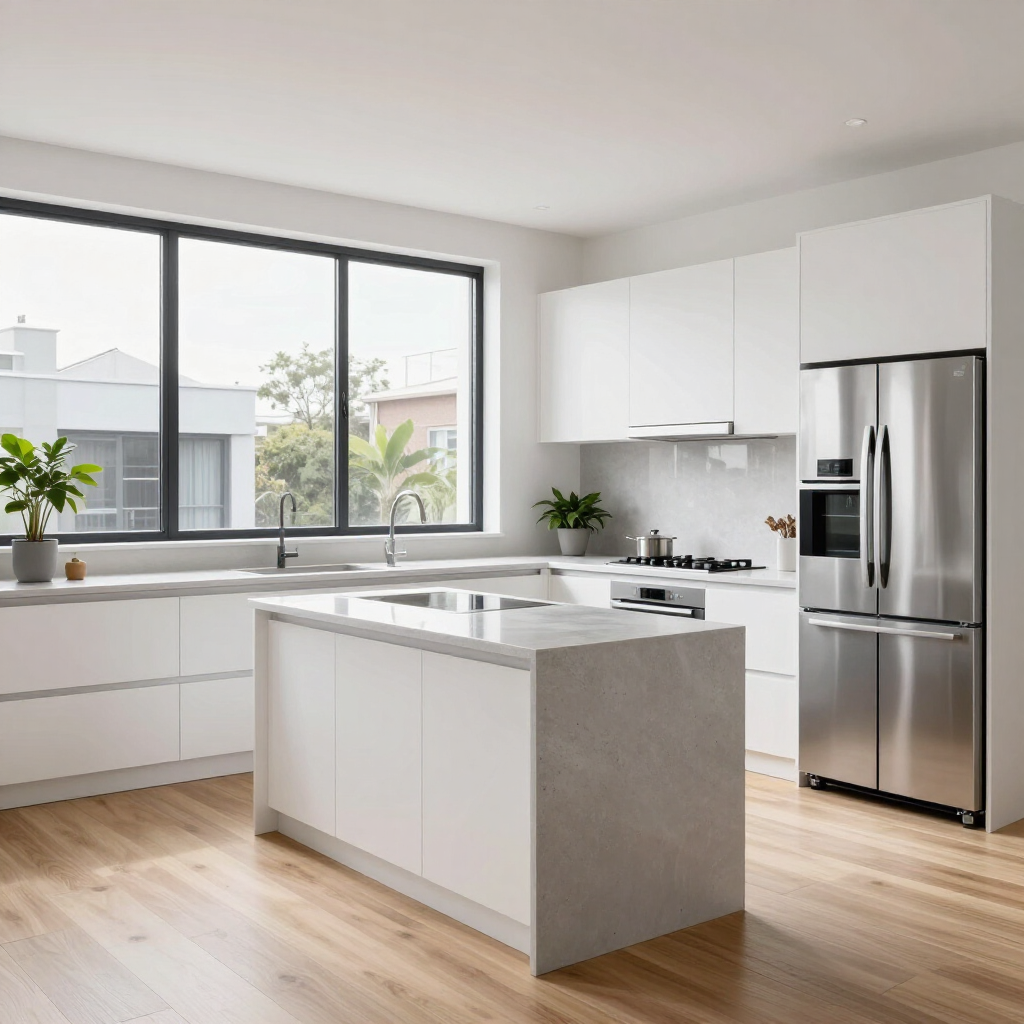 Modern white kitchen with island, stainless steel fridge, large window, and light wood floors