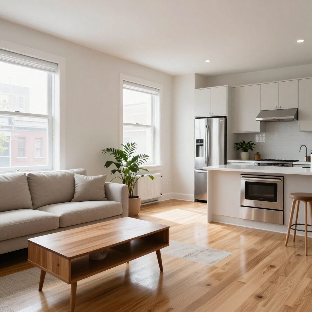 Bright modern living room with sofa, coffee table, potted plant, and open kitchen with stainless steel appliances